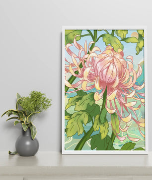 Belle illustration florale avec chrysanthème et feuilles vertes