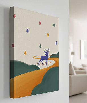 Colorful abstract deer illustration within a serene landscape