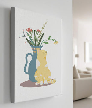 Ilustración de un gato sentado junto a un jarrón floral