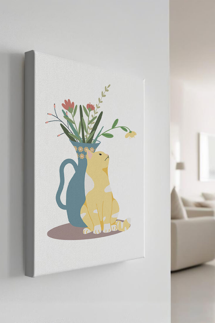 Illustration of a cat sitting beside a floral vase