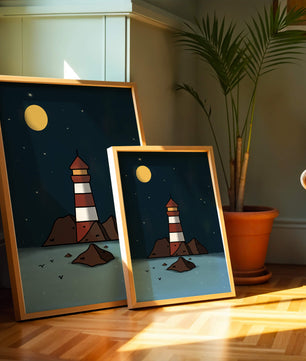 Escena nocturna tranquila con faro y estrellas que reflejan serenidad