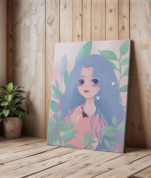 Illustration of a blue-haired girl surrounded by greenery