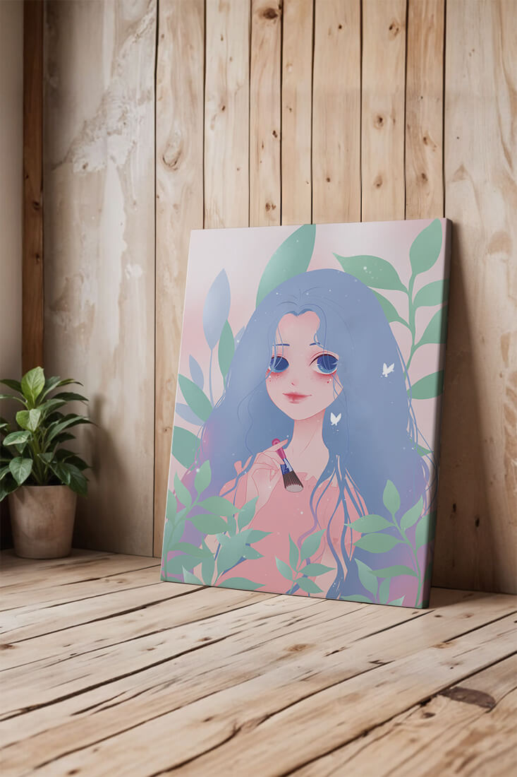 Illustration of a blue-haired girl surrounded by greenery