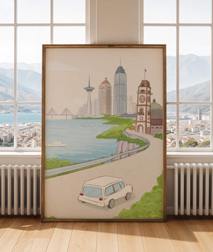 Scenic coastal cityscape with modern buildings and a classic clock tower