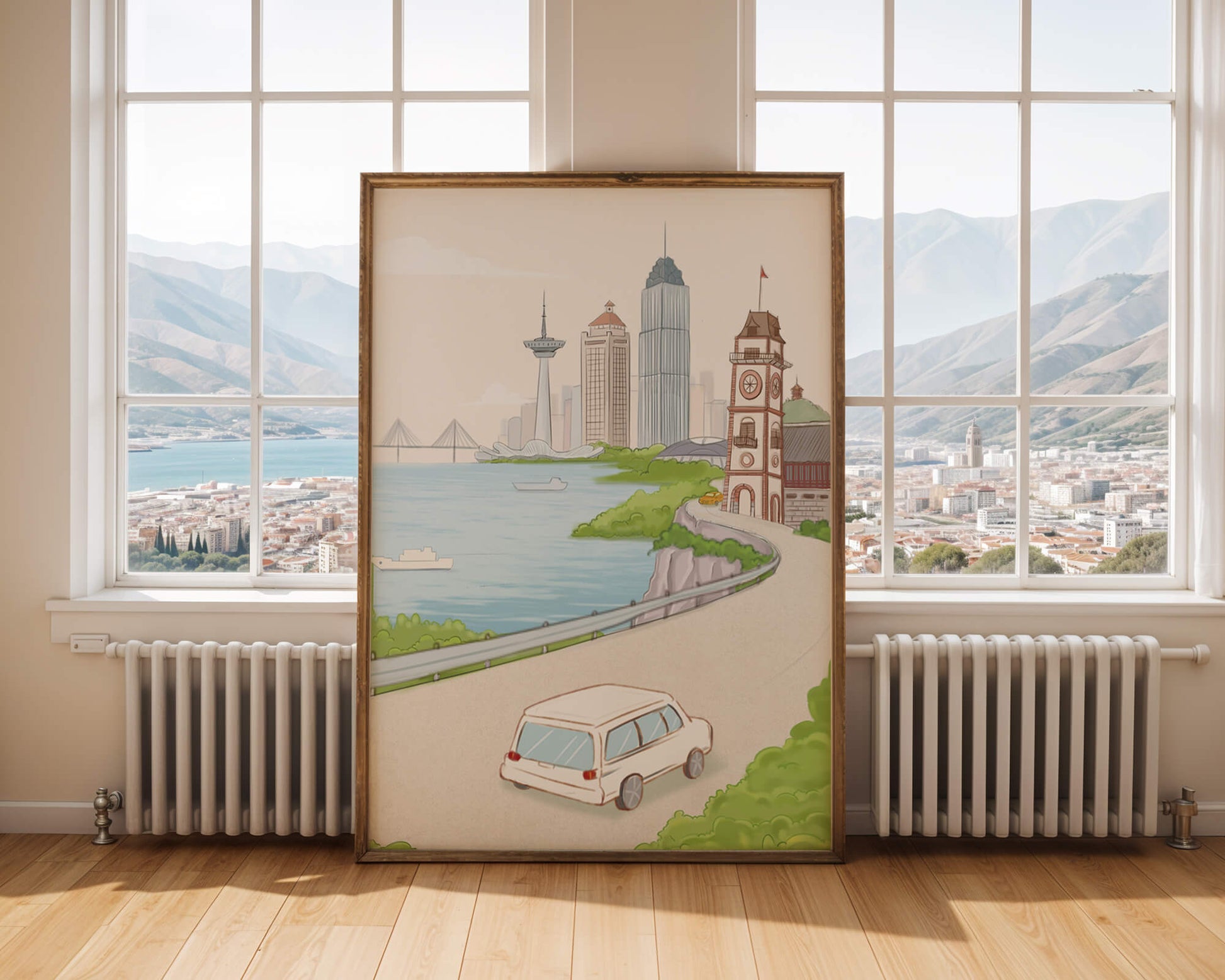 Scenic coastal cityscape with modern buildings and a classic clock tower