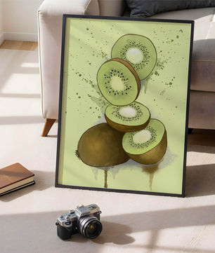 Watercolor illustration of sliced kiwi fruit with splashes