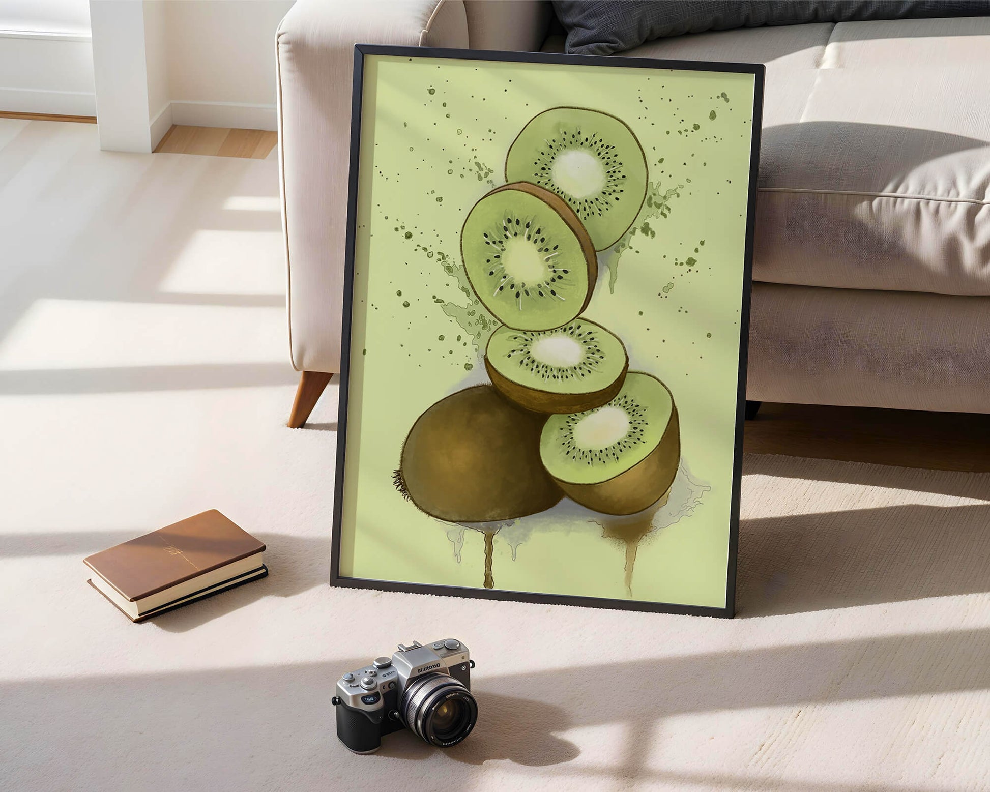 Watercolor illustration of sliced kiwi fruit with splashes