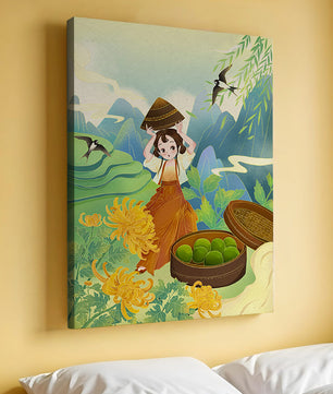 Young girl with basket in vibrant mountain landscape with birds and flowers