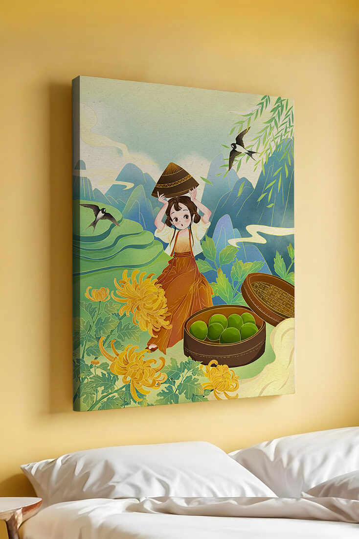 Young girl with basket in vibrant mountain landscape with birds and flowers