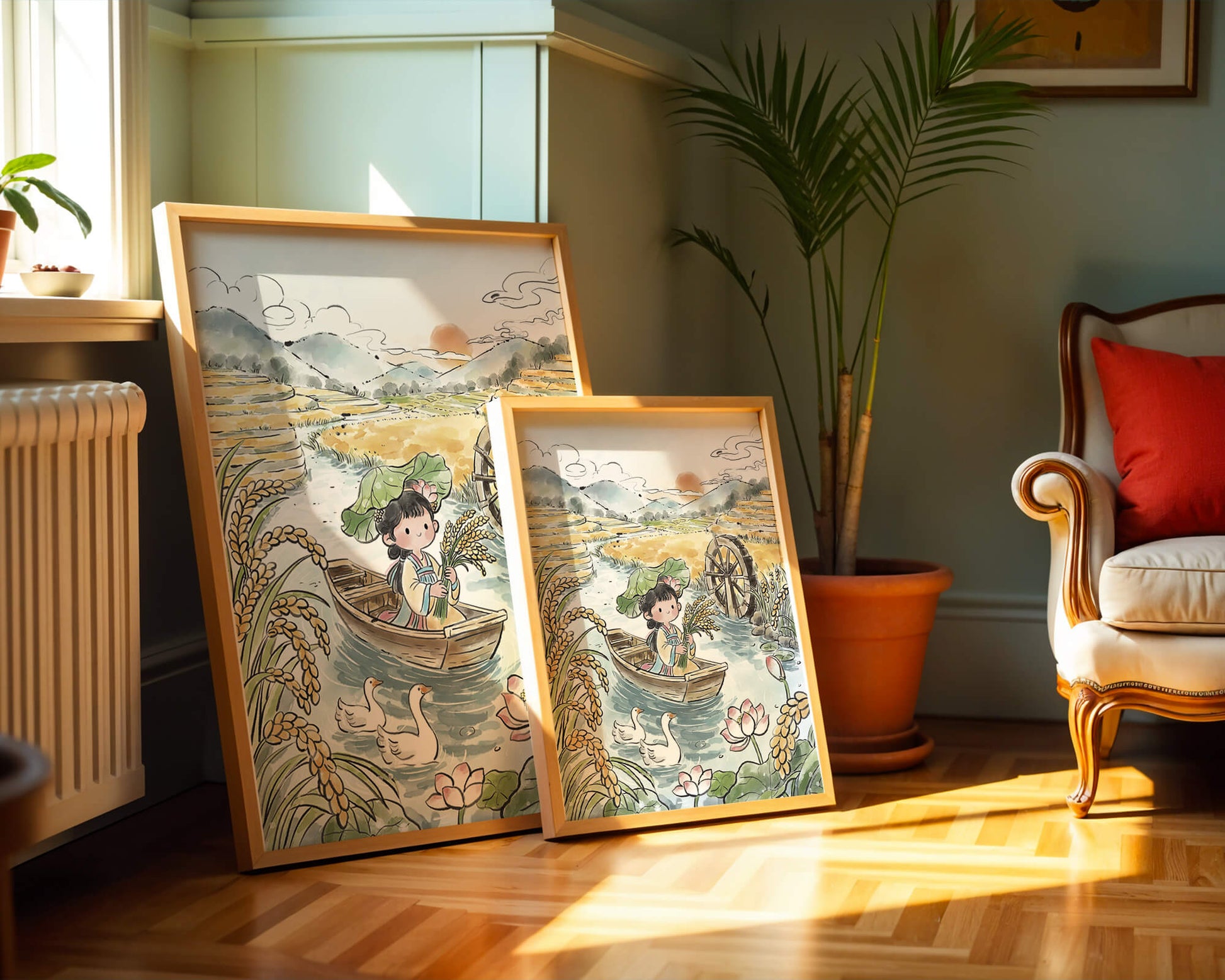 Niña en un bote con campos de arroz y atardecer de fondo