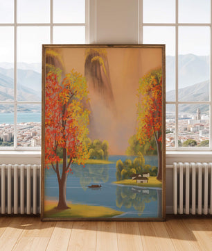 Paysage d'automne avec des arbres vibrants au bord d'un lac serein