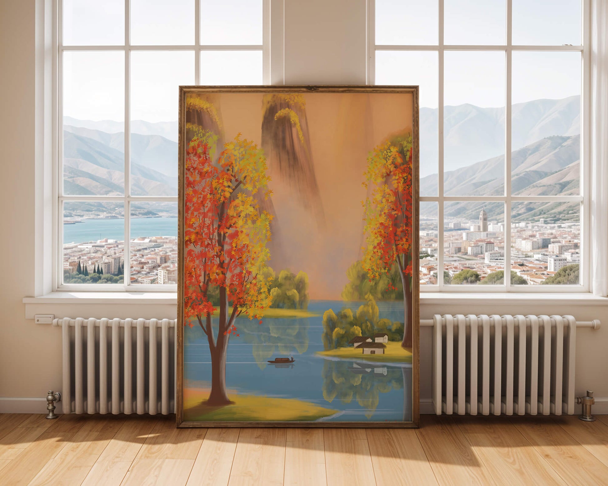 Paysage d'automne avec des arbres vibrants au bord d'un lac serein