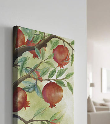 Watercolor illustration of pomegranates on a branch with leaves