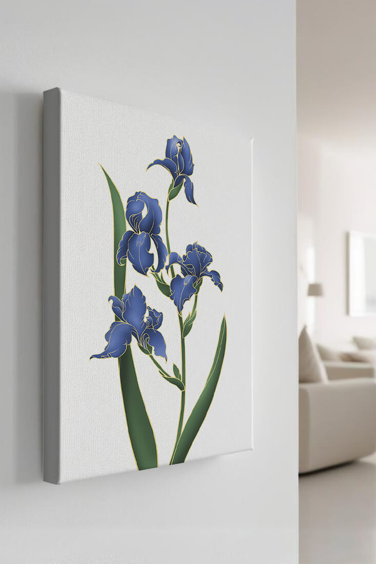 Flores de lirio azul elegantes con acentos dorados sobre un fondo blanco