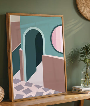 Abstract architectural scene with geometrical shapes