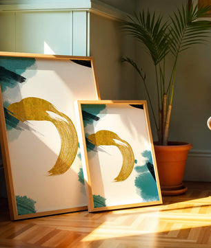 Abstract Gold and Teal Brush Strokes on White Background