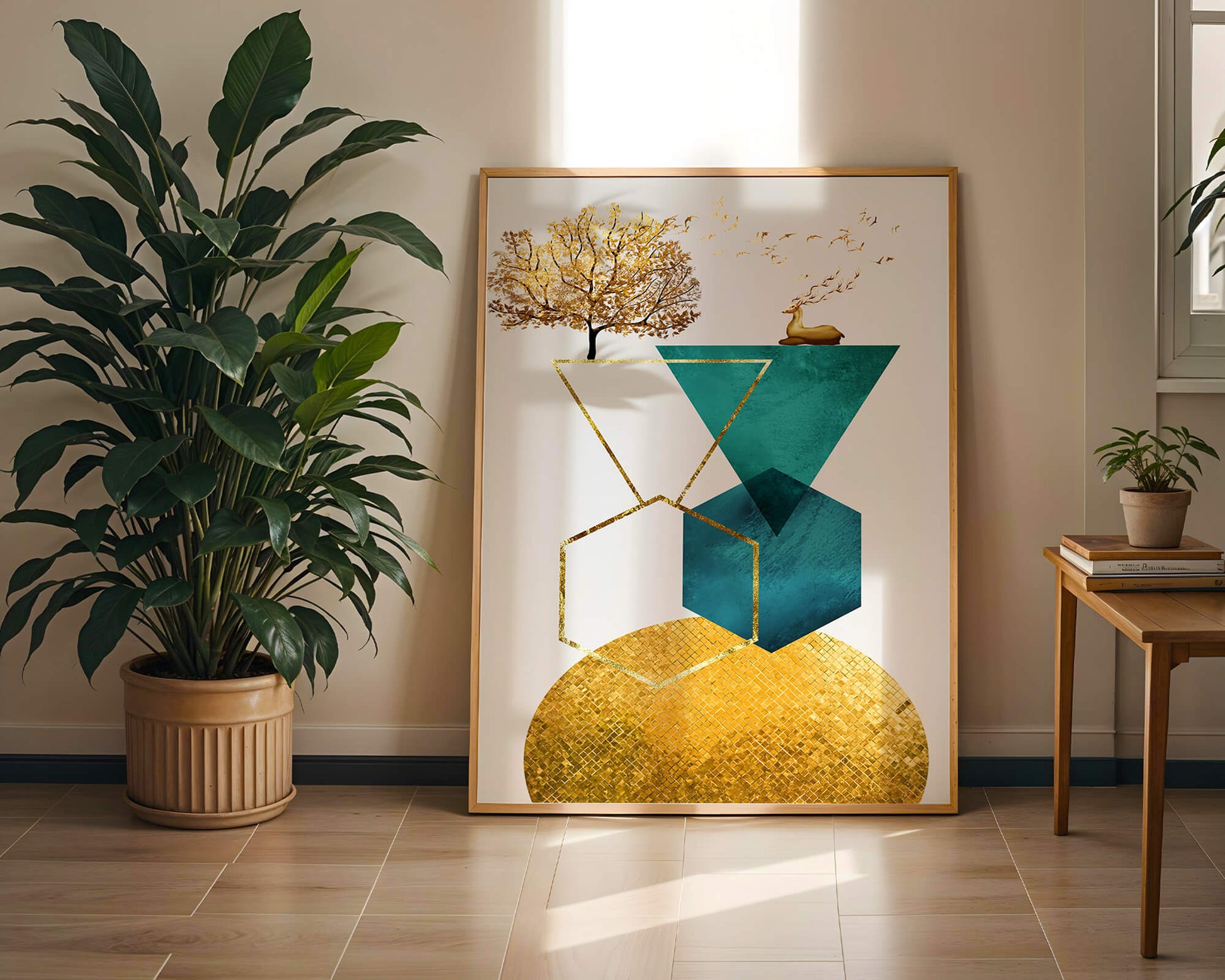 Abstract Geometric Composition with Golden Deer and Tree