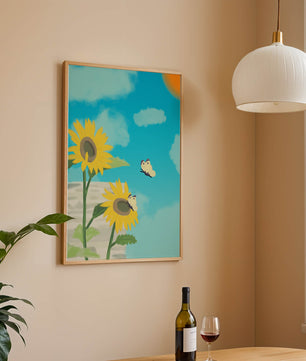 Sunflowers And Butterflies Under A Bright Blue Sky