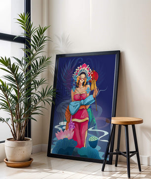 Colorful illustration of a woman in traditional attire with floral headdress