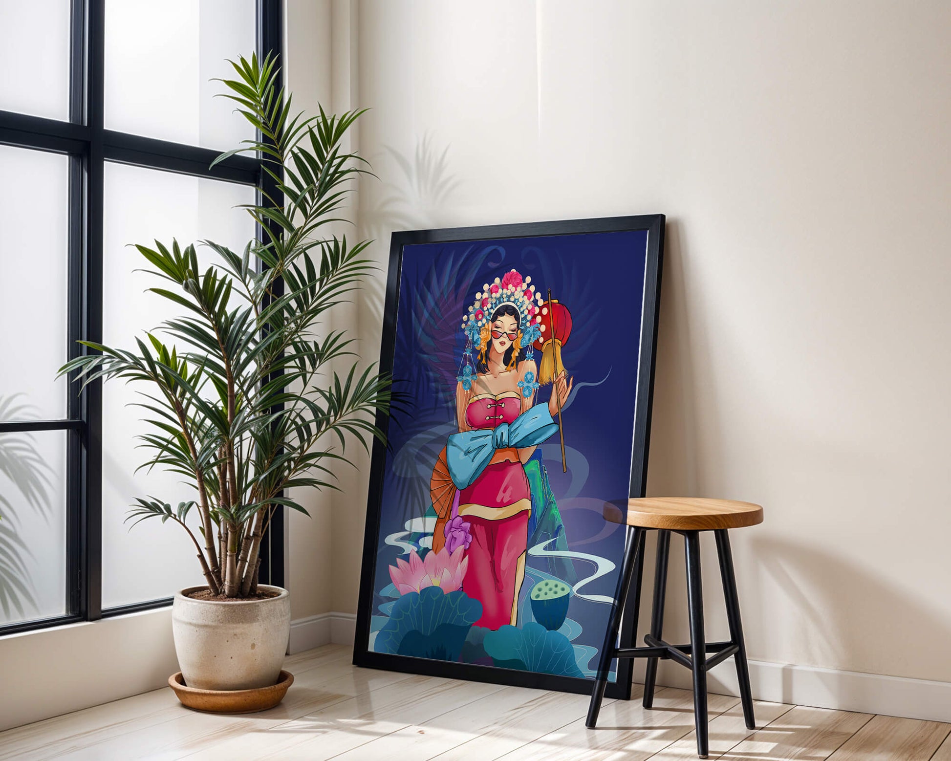 Colorful illustration of a woman in traditional attire with floral headdress