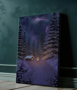 Winternachtlandschaft mit verschneiter Hütte und Kiefernwald