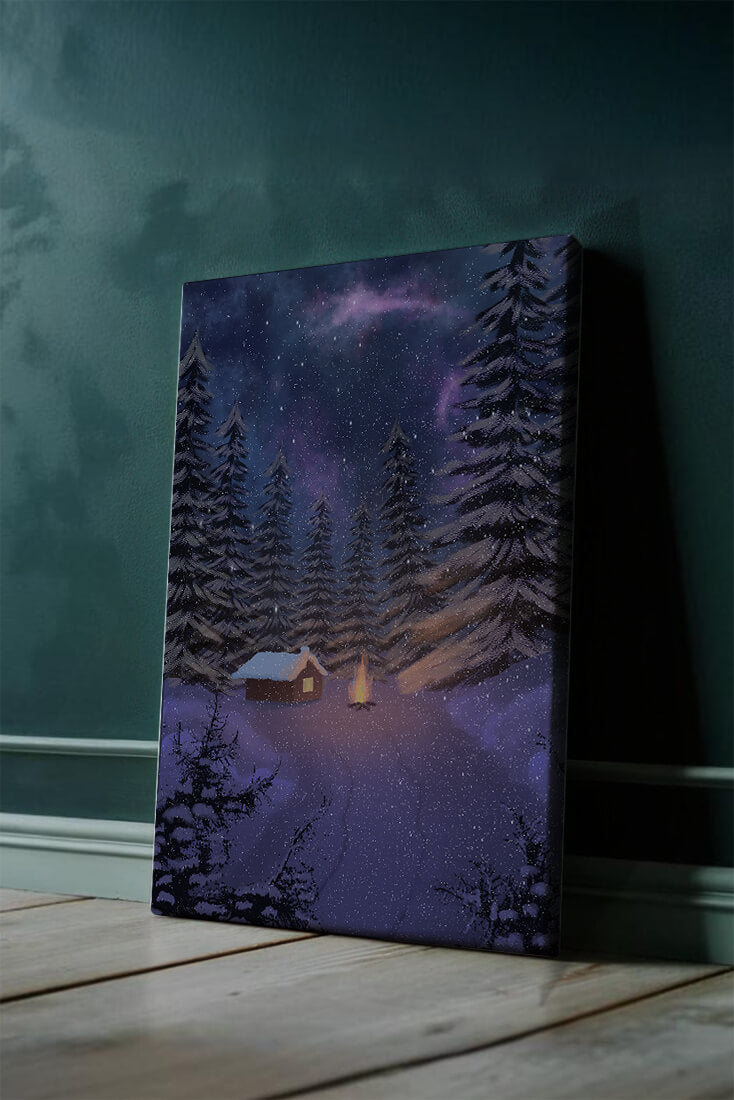 Winter night landscape with snowy cabin and pine forest