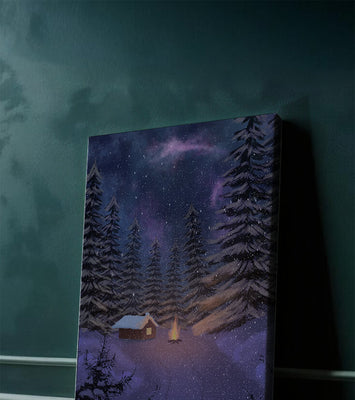 Winter night landscape with snowy cabin and pine forest