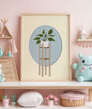 Illustration botanique moderne d'une plante en pot sur un support en bois