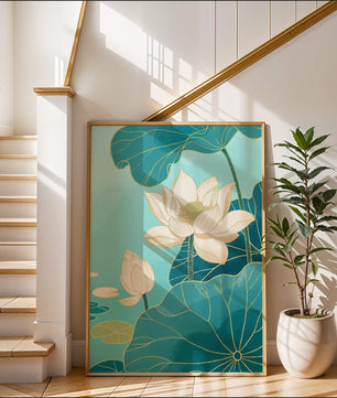 Lotus Flowers with Golden Accents on Aqua Background