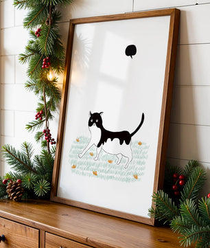 Whimsical cat illustration in field of flowers
