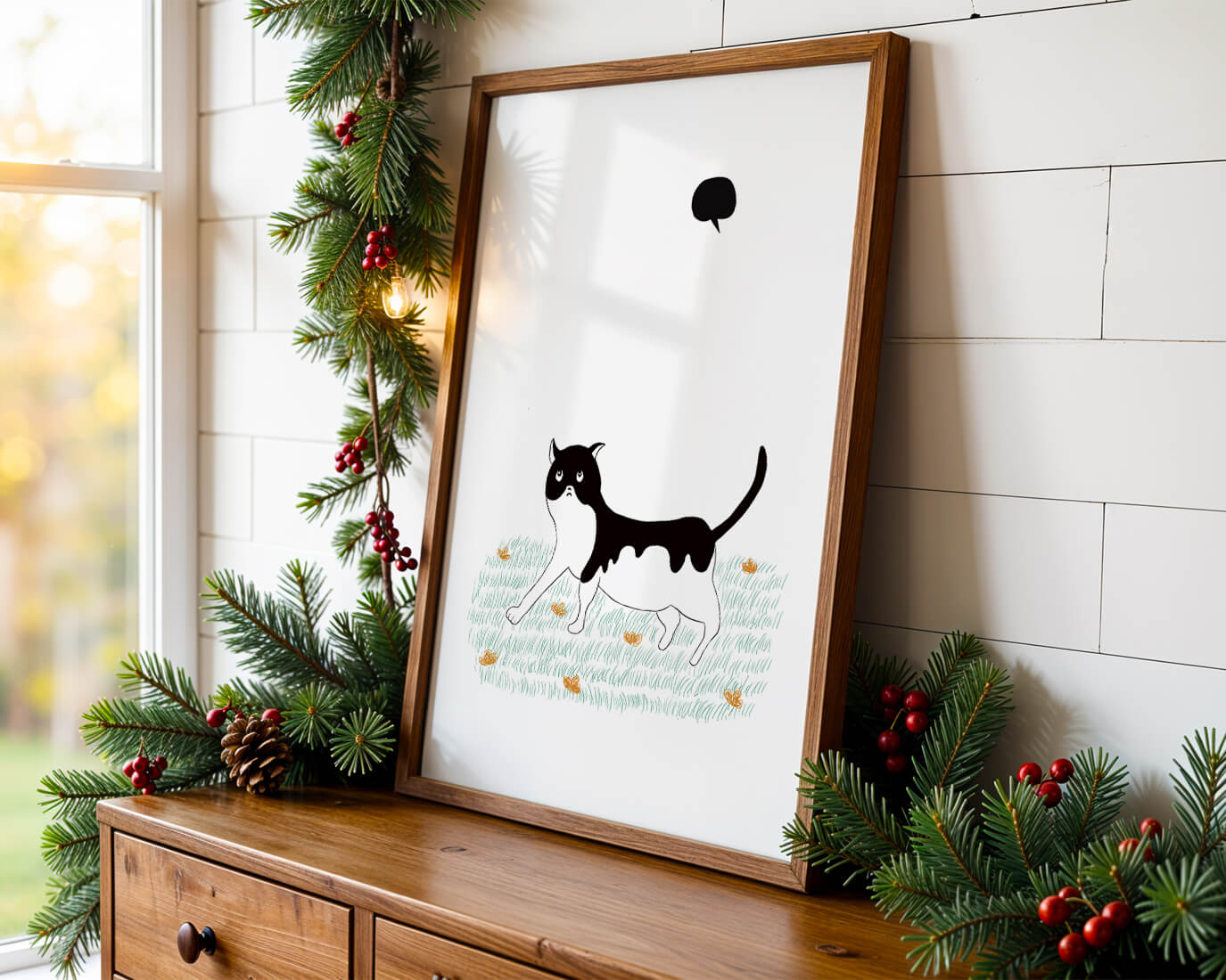 Whimsical cat illustration in field of flowers