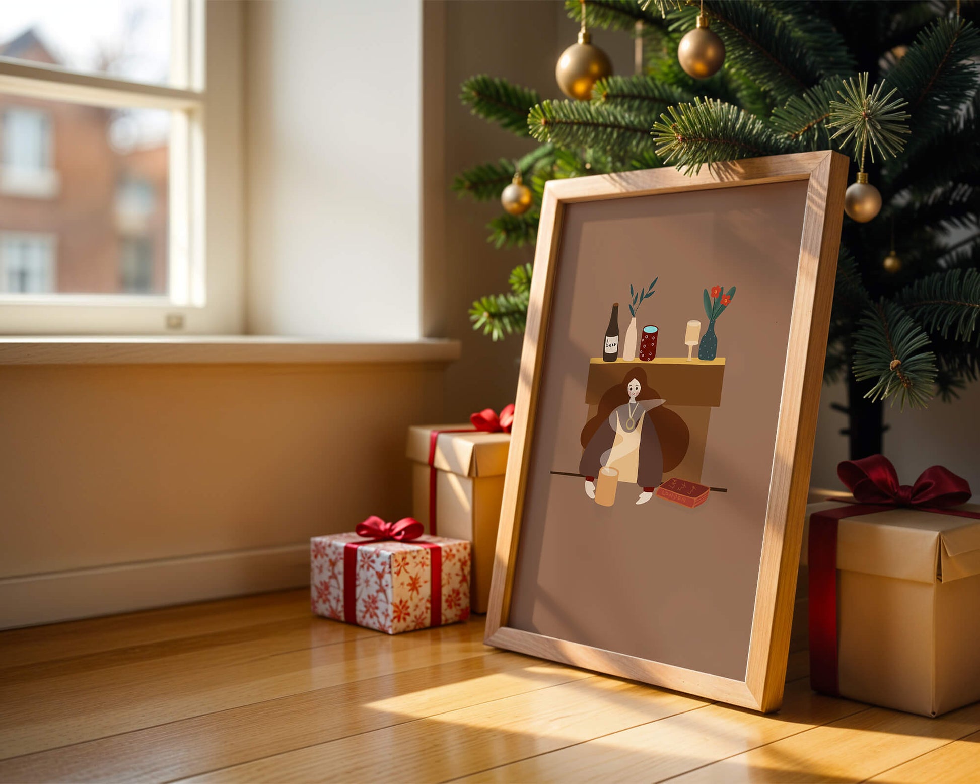 Escena acogedora con mujer junto a la chimenea y elementos decorativos