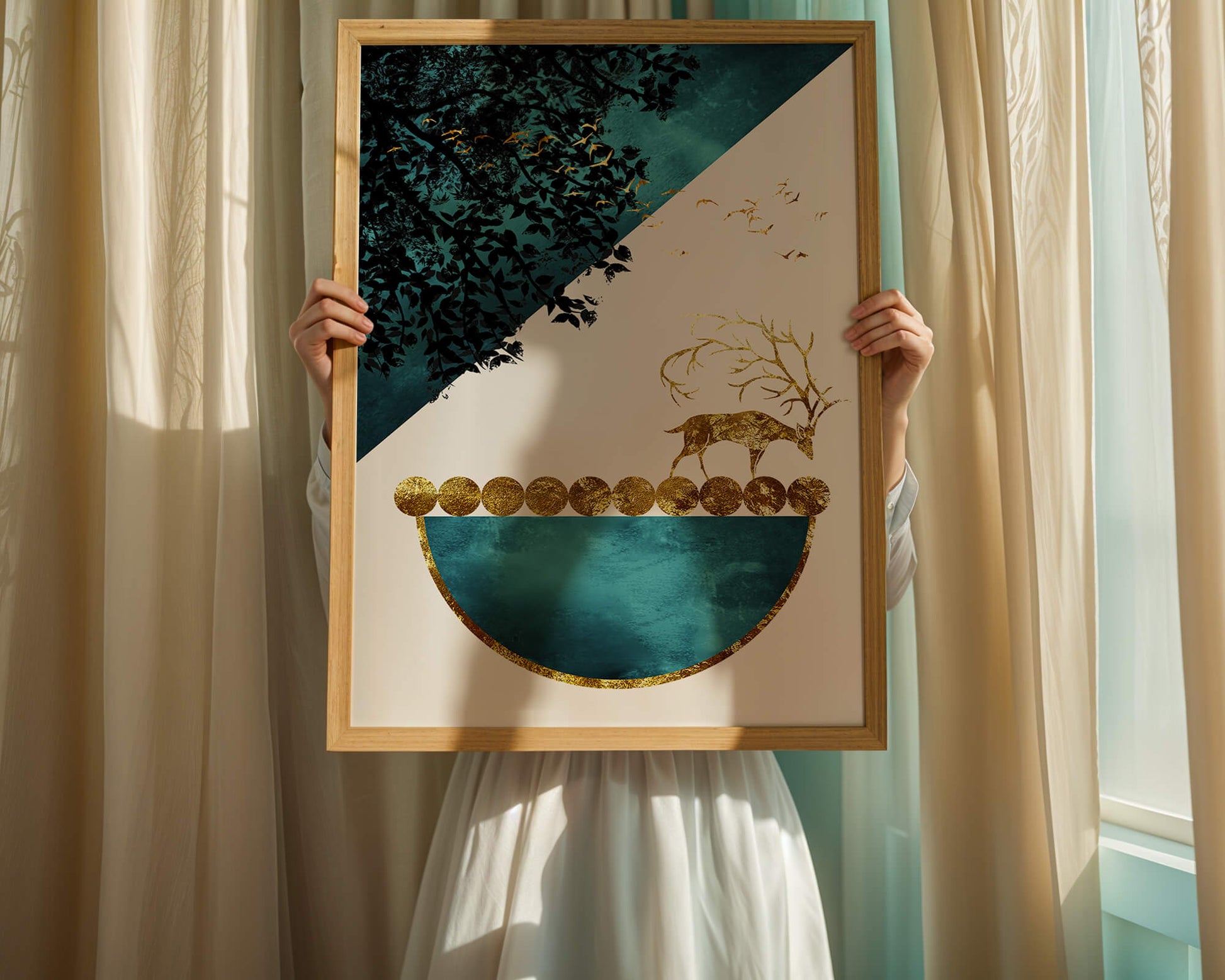 Abstract Deer with Golden Elements in a Mystical Forest Setting