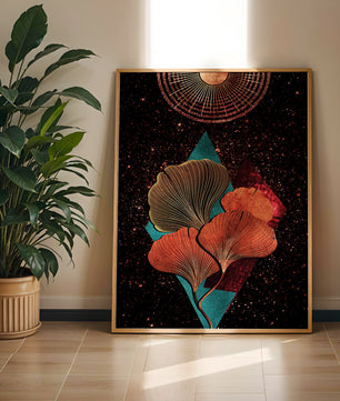 Traducción al español: Ilustración floral cósmica abstracta con elementos geométricos y acentos dorados