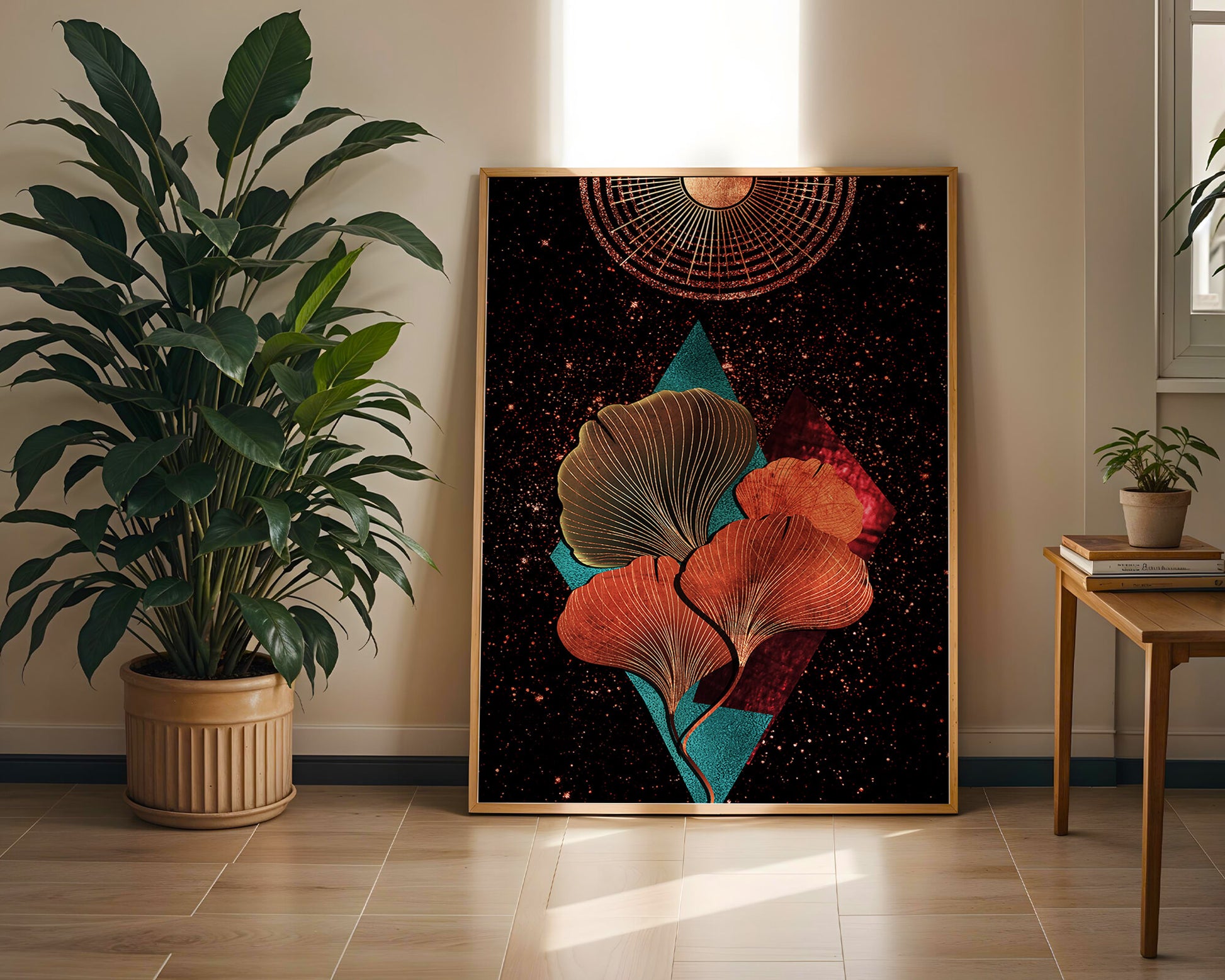 Traducción al español: Ilustración floral cósmica abstracta con elementos geométricos y acentos dorados