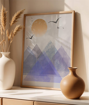 Abstract Mountain Landscape with Geometric Elements and Soaring Birds