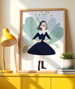 Ilustración de una chica caprichosa con hojas y elementos florales