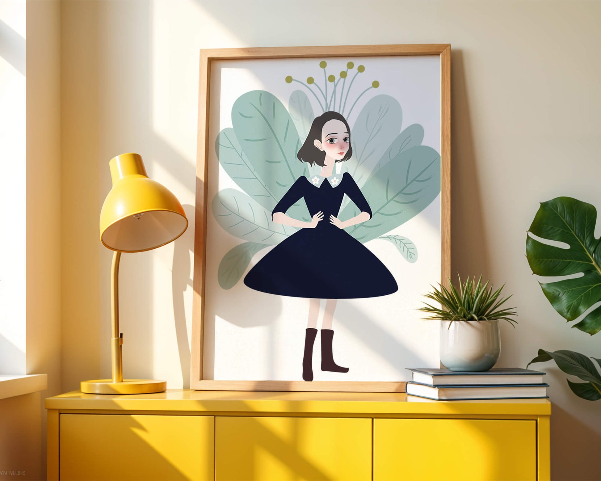 Illustration of a whimsical girl with leaves and floral elements