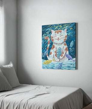 Gato caprichoso con peces coloridos y pinceladas juguetonas