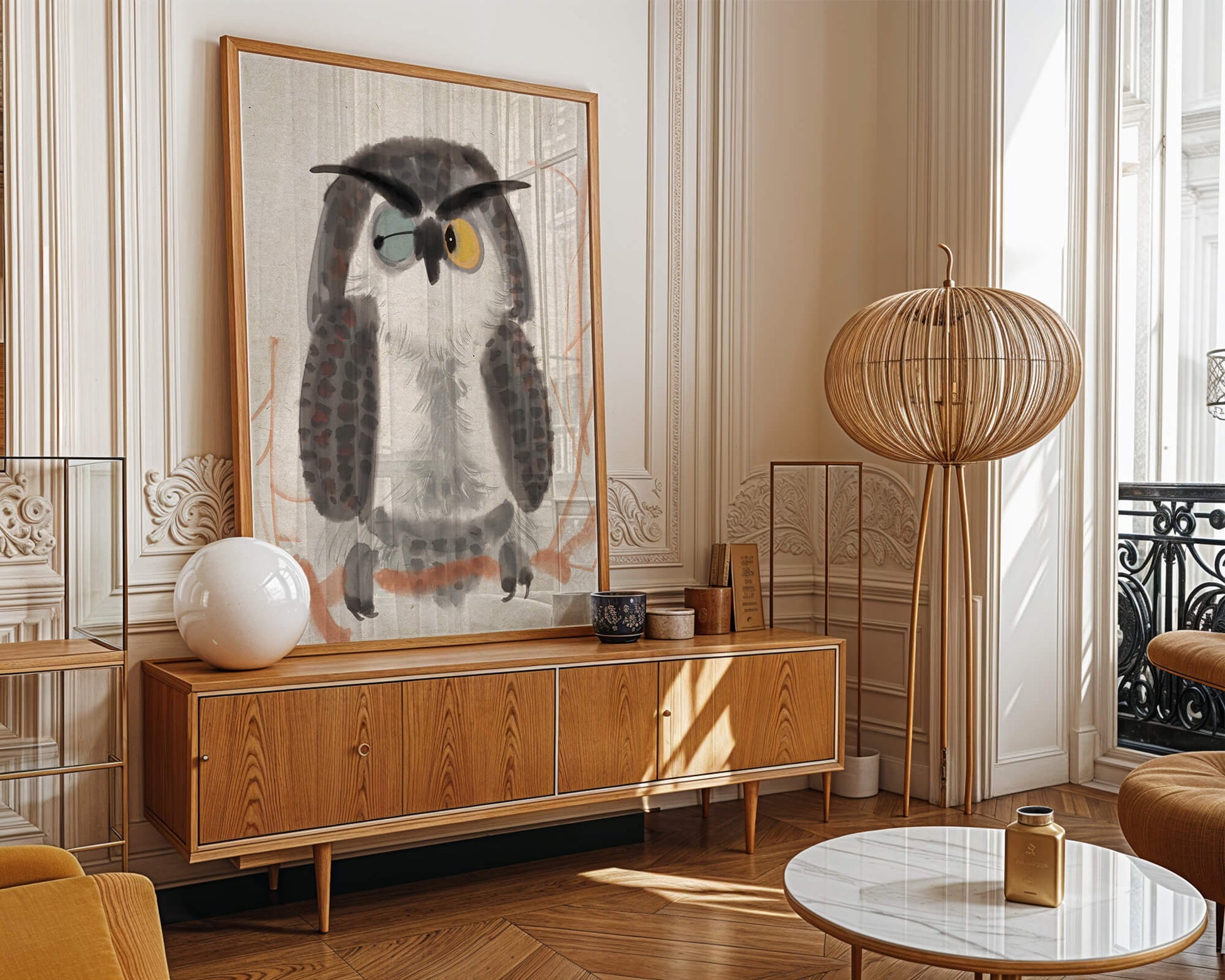 Whimsical Owl Illustration with Colorful Eyes