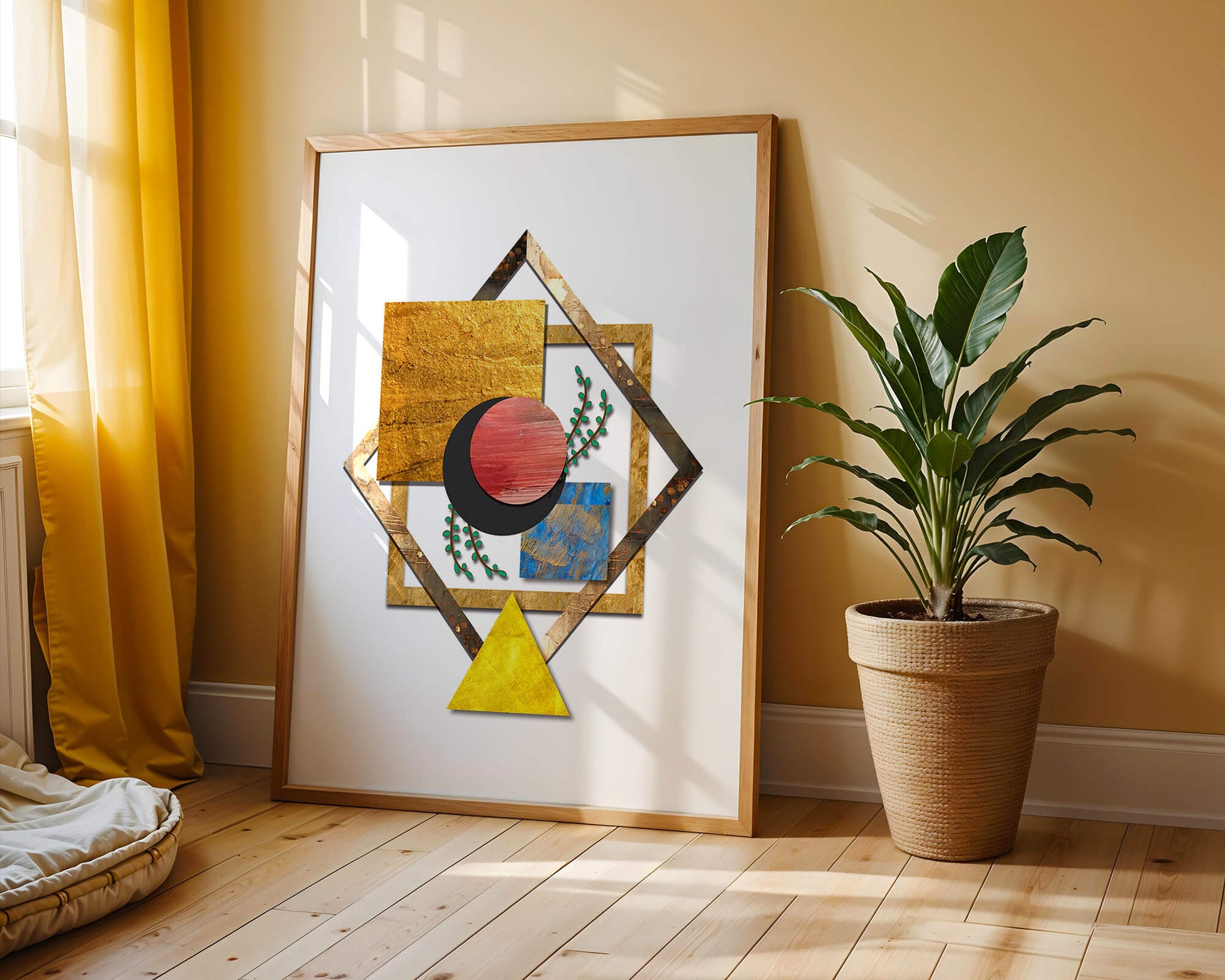 Modern geometric abstract art with vibrant colors and gold accents