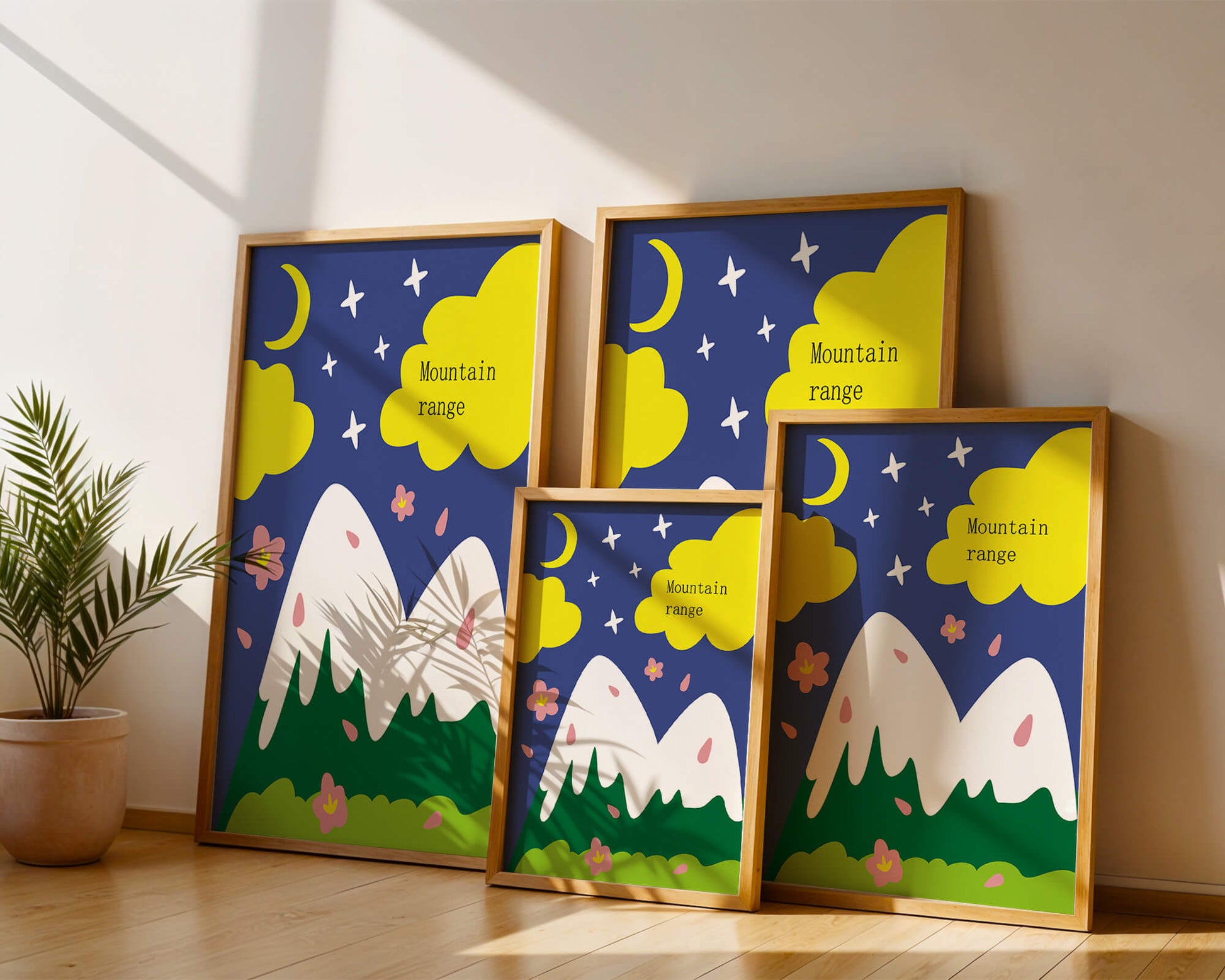 Stylized mountain landscape with starry night background and vibrant clouds