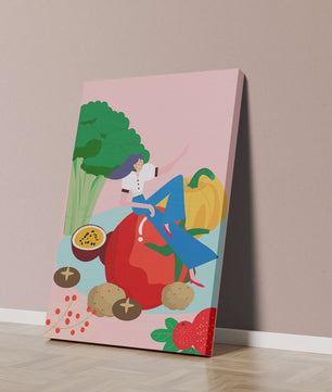 Ilustración de una mujer rodeada de vegetales y frutas vibrantes