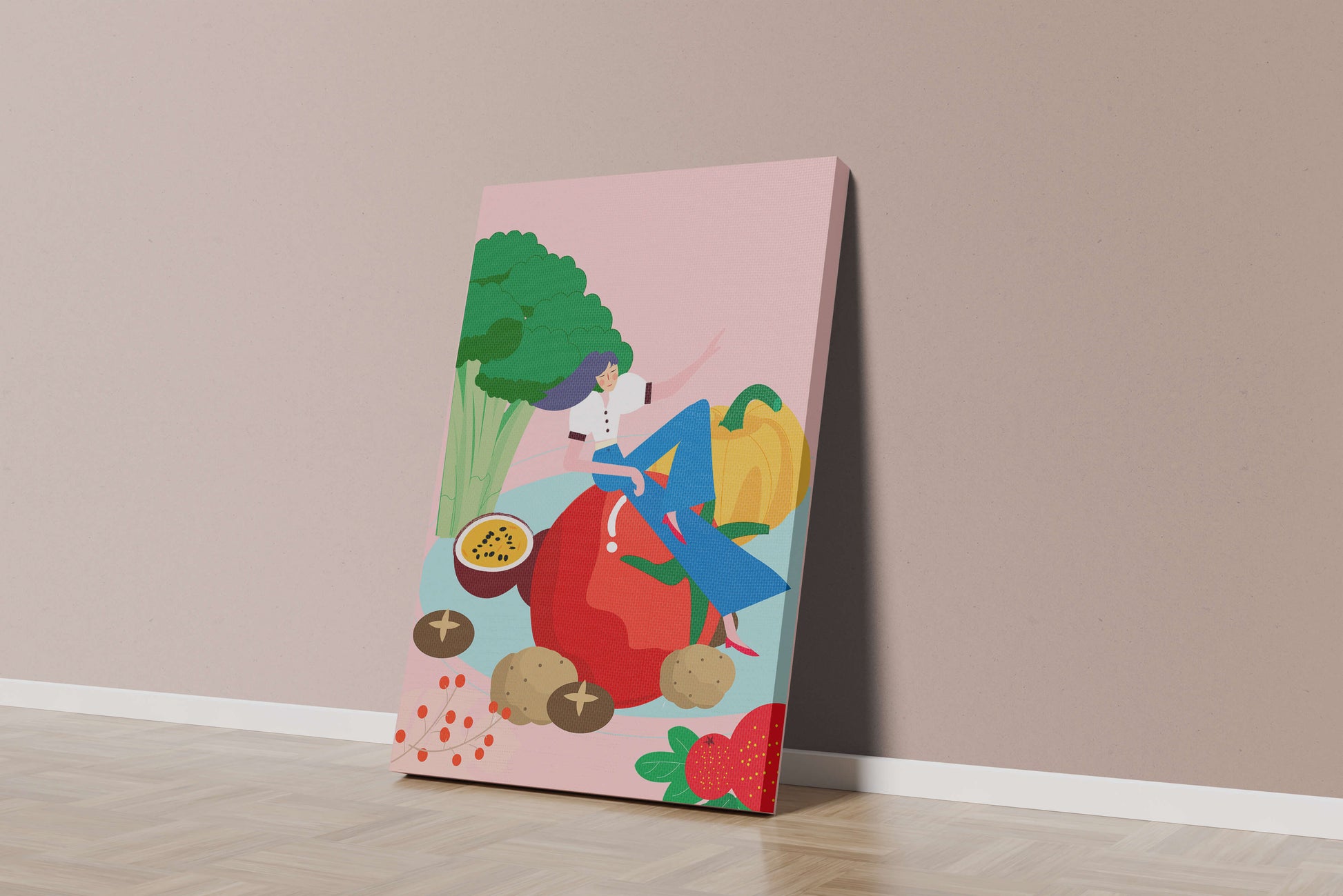 Ilustración de una mujer rodeada de verduras y frutas vibrantes.