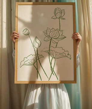 Ilustración de arte de línea verde de flores de loto con capullos
