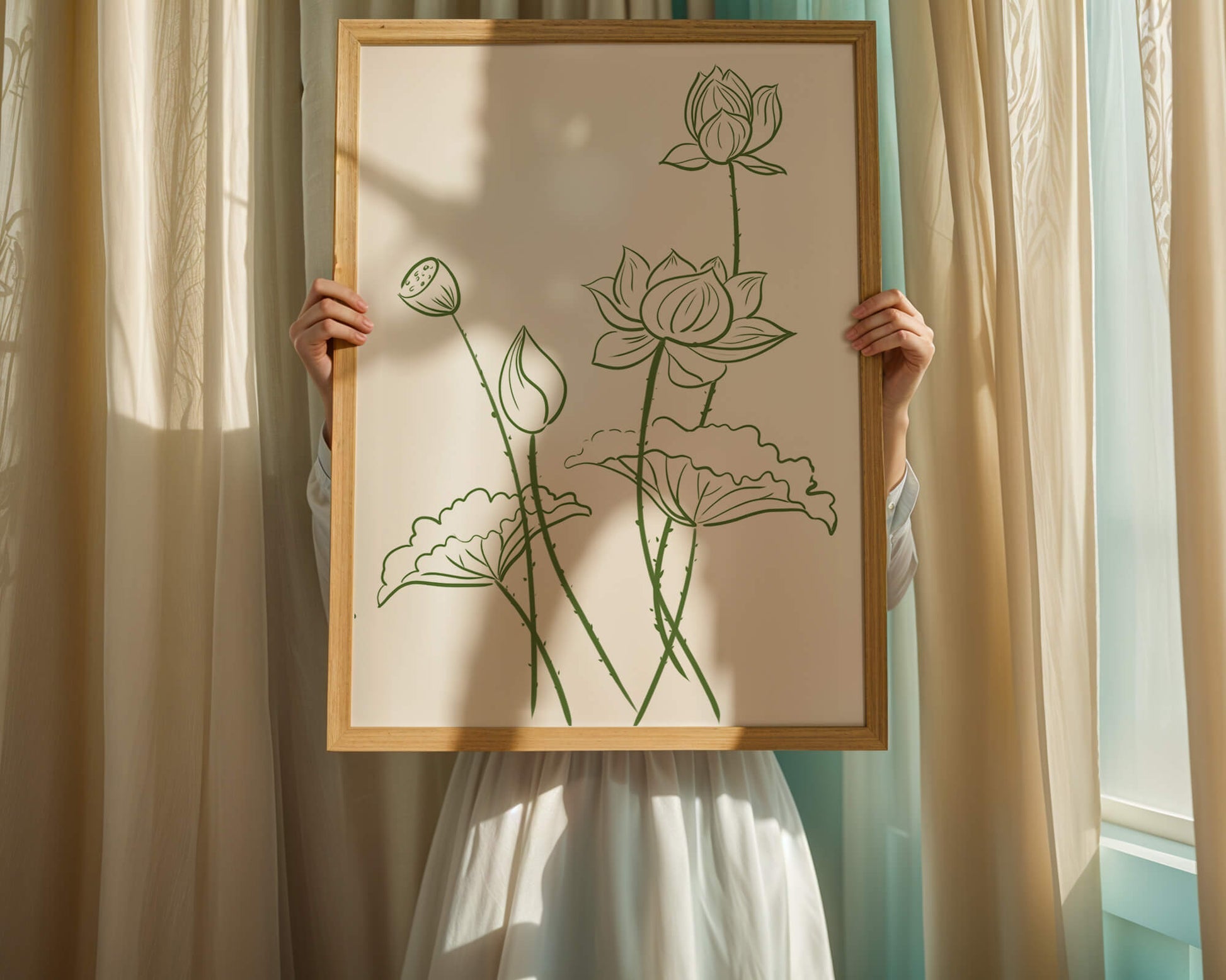 Ilustración de arte lineal verde de flores de loto con capullos