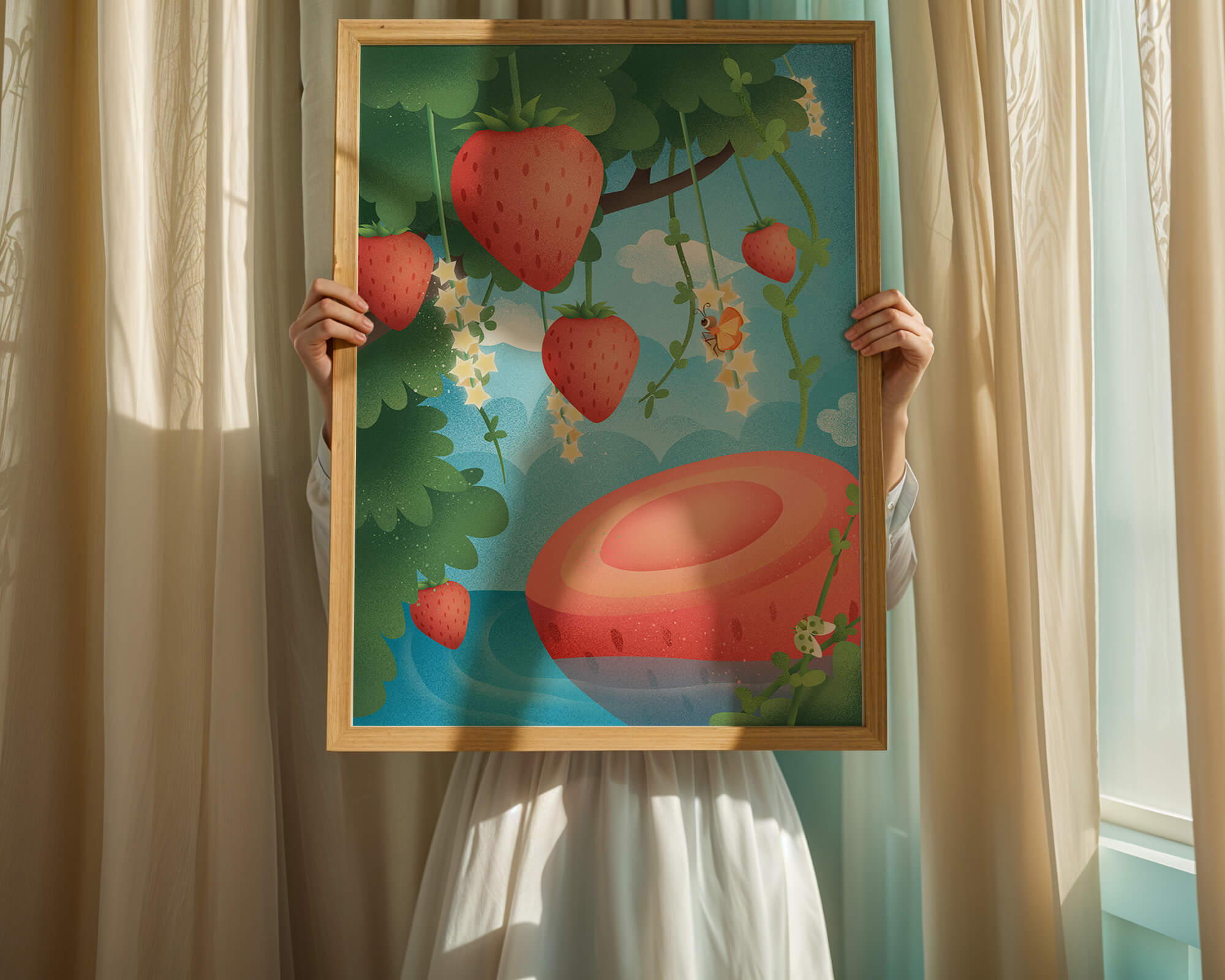 Illustrated strawberries in a whimsical garden setting