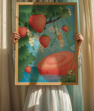 Illustrated strawberries in a whimsical garden setting