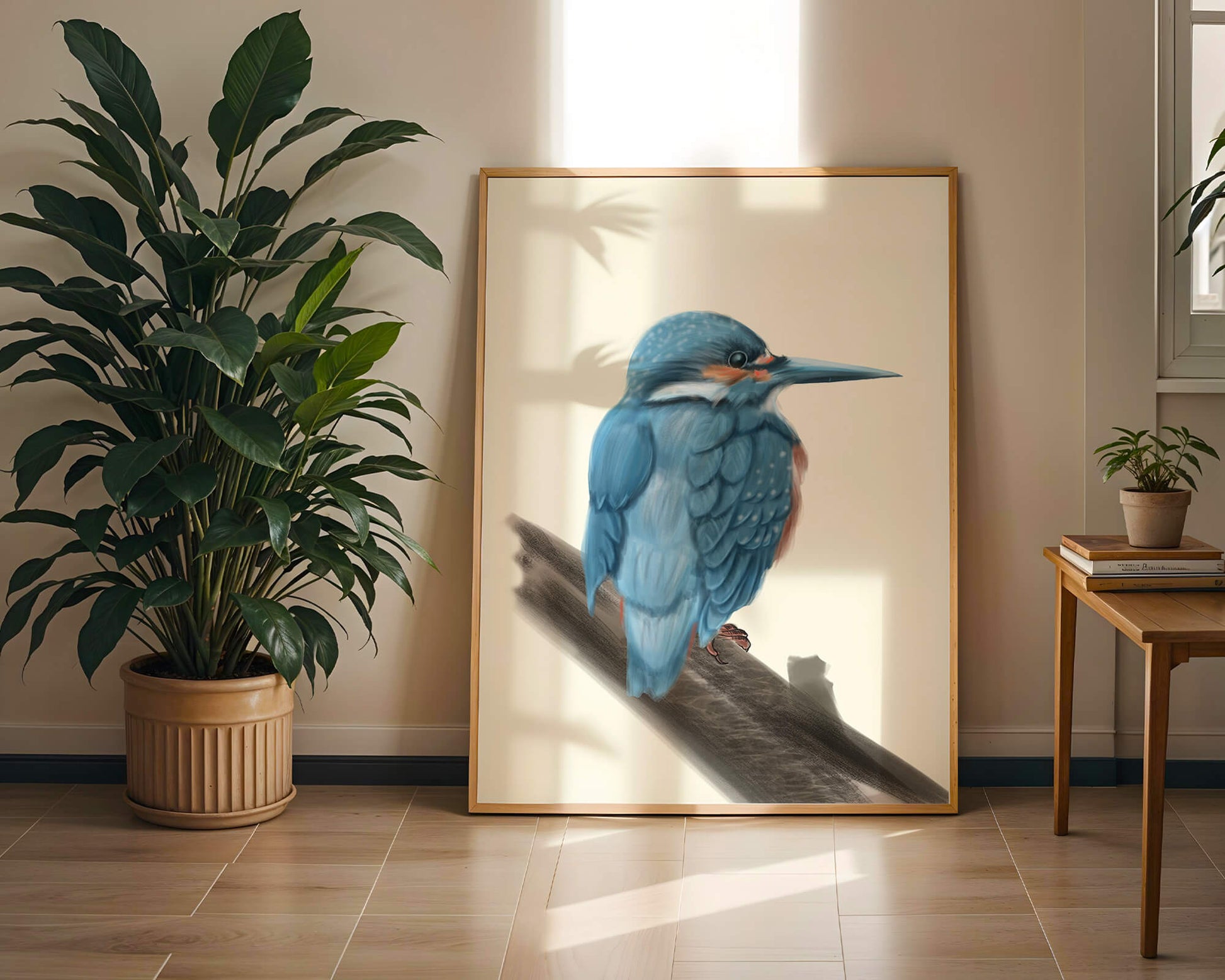 Illustration of a vibrant blue bird on a branch
