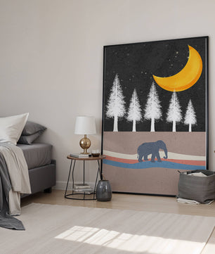 Serene Night Scene with Elephant Under Golden Moon in Forest - Mi tienda